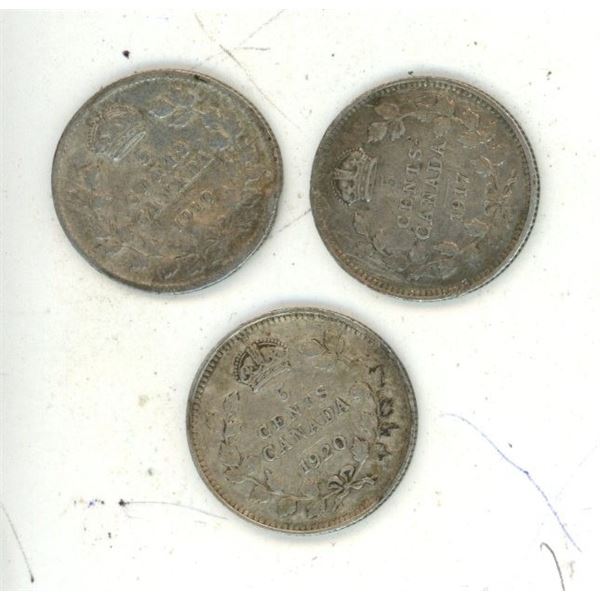 1910, 1917 and 1920 Canadian Silver 5 Cents Coin.
