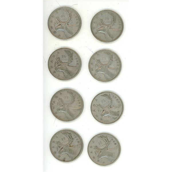 (2) 1940, (2) 1943, (2) 1945, (2) 1947 Canadian Silver 25 Cents Coin.