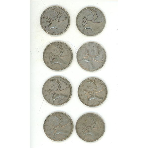1938, 1941, 1942, 1944, 1945, (3) 1947 Canadian Silver 25 Cents Coin.