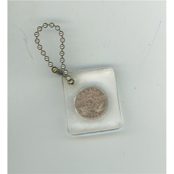 Encased Canadian George VI 1934 Nickel 5 Cents Key Chain.