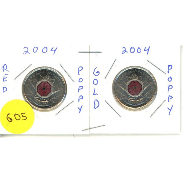 2004 Canadian Quarters, Poppy, Red And Gold Coloured