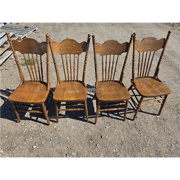 4 antique press back oak chairs 40"H