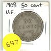 Image 1 : 1908 New Foundland Silver 50 Cents Coin.