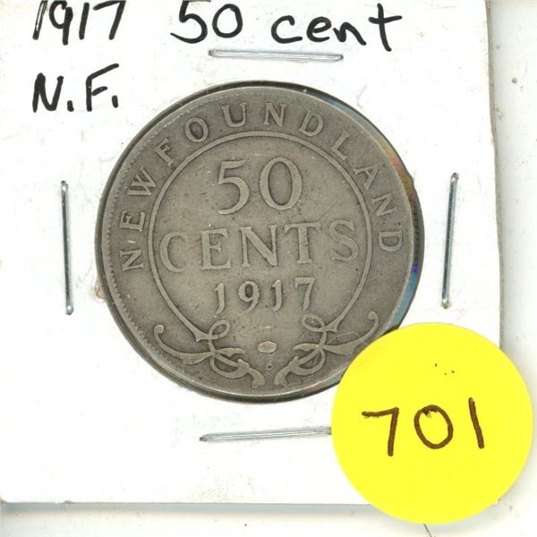 1917 New Foundland Silver 50 Cents Coin.