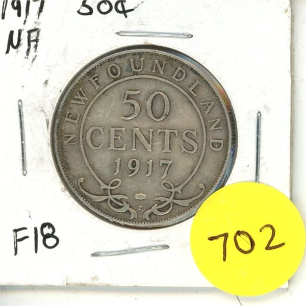 1917 New Foundland Silver 50 Cents Coin.