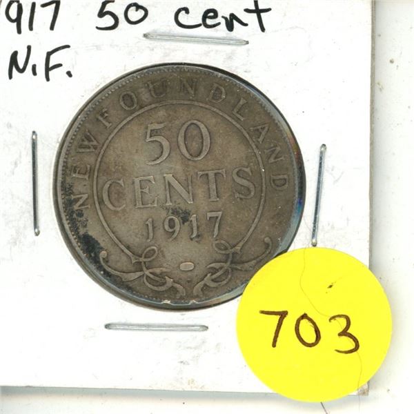1917 New Foundland Silver 50 Cents Coin.