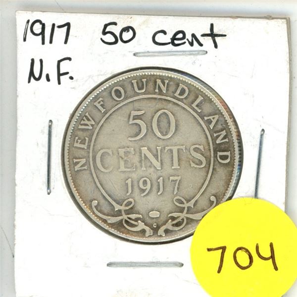1917 New Foundland Silver 50 Cents Coin.