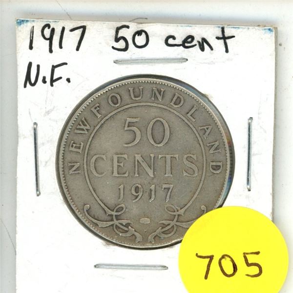 1917 New Foundland Silver 50 Cents Coin.