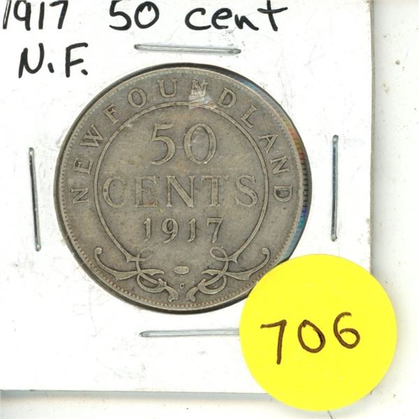 1917 New Foundland Silver 50 Cents Coin.