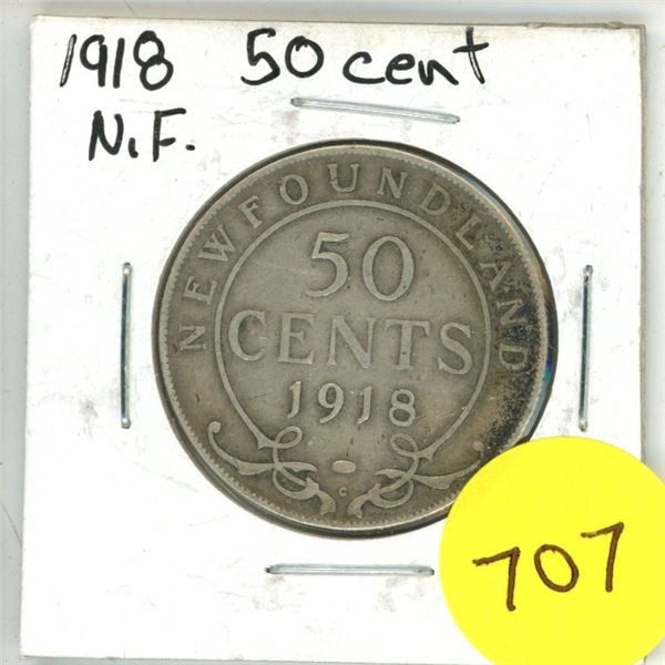 1918 New Foundland Silver 50 Cents Coin.
