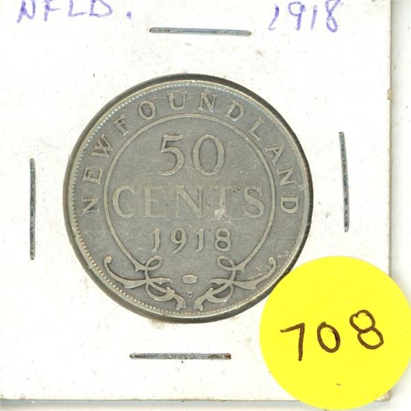 1918 New Foundland Silver 50 Cents Coin.