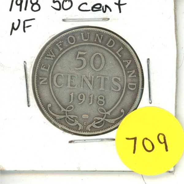 1918 New Foundland Silver 50 Cents Coin.