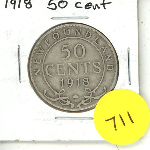 1918 New Foundland Silver 50 Cents Coin.