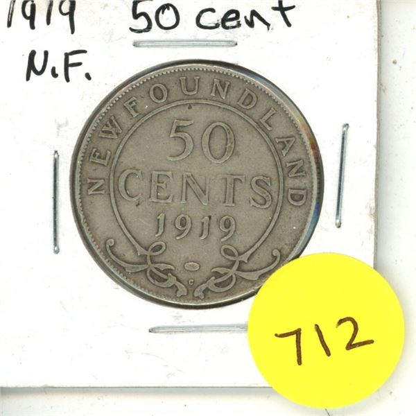 1919 New Foundland Silver 50 Cents Coin.
