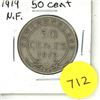 Image 1 : 1919 New Foundland Silver 50 Cents Coin.