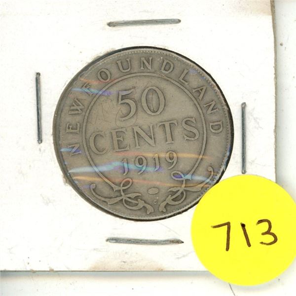 1919 New Foundland Silver 50 Cents Coin.