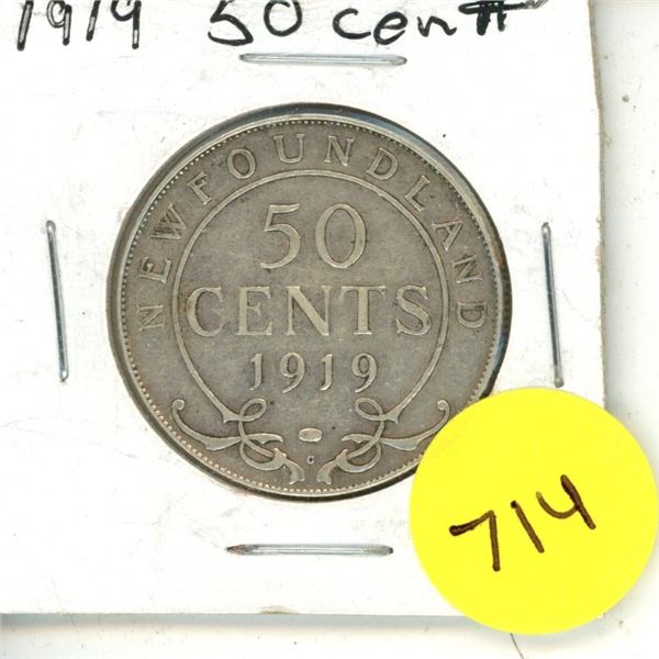 1919 New Foundland Silver 50 Cents Coin.