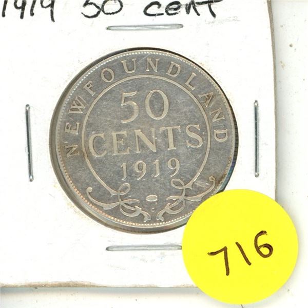 1919 New Foundland Silver 50 Cents Coin.