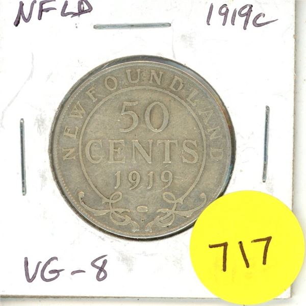 1919 New Foundland Silver 50 Cents Coin.