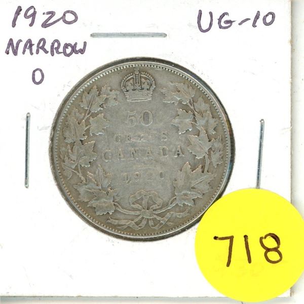1920 Canadian Silver 50 Cents Coin.