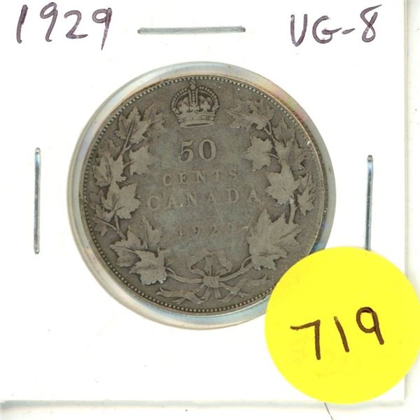 1929 Canadian Silver 50 Cents Coin.