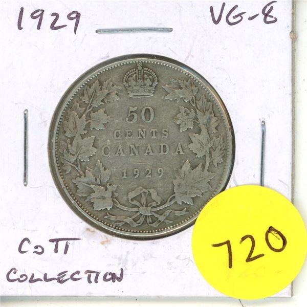 1929 Canadian Silver 50 Cents Coin.