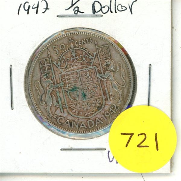 1942 Canadian Silver 50 Cents Coin.