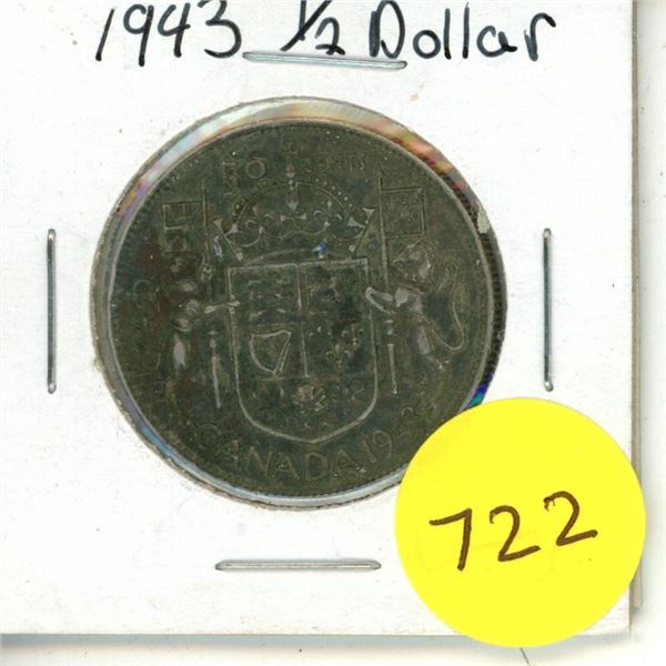 1943 Canadian Silver 50 Cents Coin.