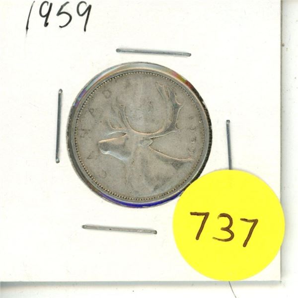 1959 Canadian Silver 25 Cents Coin.