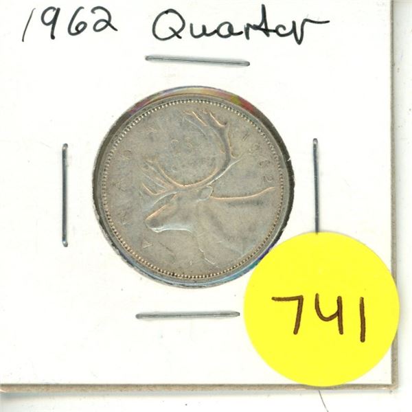 1962 Canadian Silver 25 Cents Coin.
