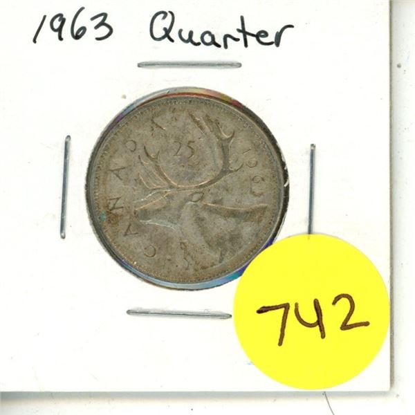 1963 Canadian Silver 25 Cents Coin.