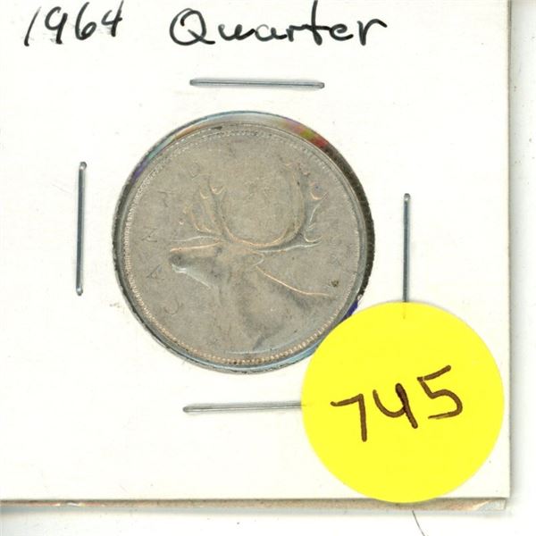 1964 Canadian Silver 25 Cents Coin.