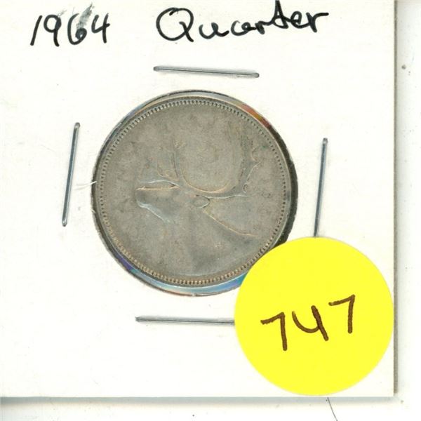 1964 Canadian Silver 25 Cents Coin.