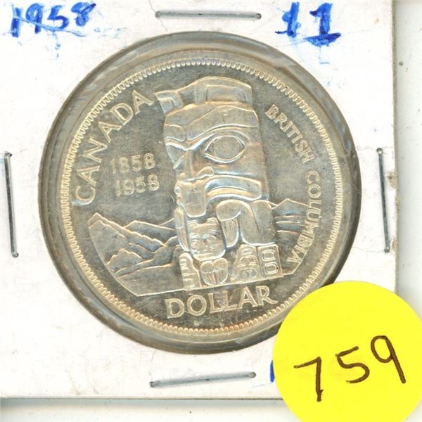 1958 Canadian Silver One Dollar Coin.