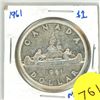 Image 1 : 1961 Canadian Silver One Dollar Coin.