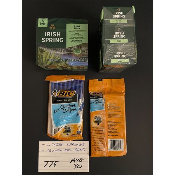 6 Irish Spring soap bars; 16 new Bic pens