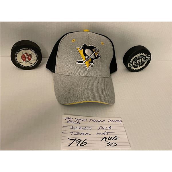 1991 World Junior Hockey puck - Gene’s puck - Pittsburgh Penguins hat