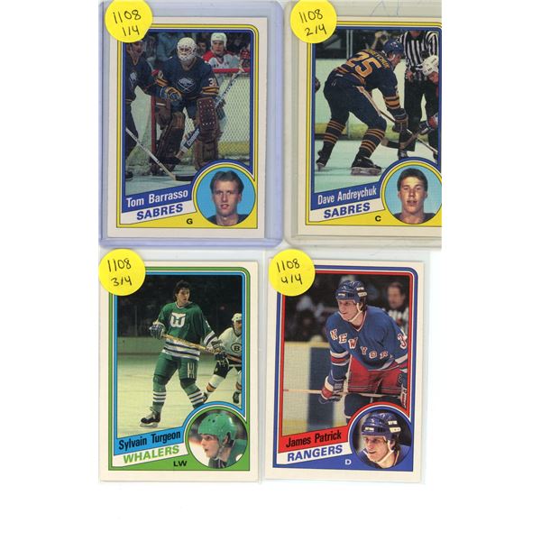 (4) 1984-85 OPC Rookie Cards (Tom Barrasso, Dave Andreychuk, Sylvain Turgeon, and James Patrick)