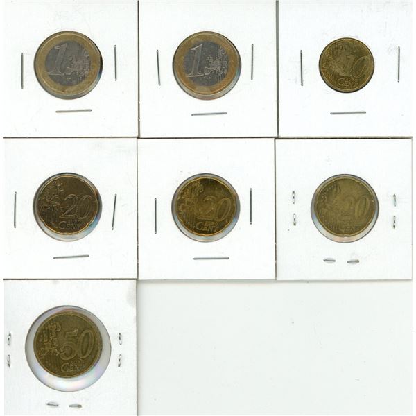(2) 1 Euro, 10 Cent. (3) 20 Cent, 50 Cent Euro Coins.