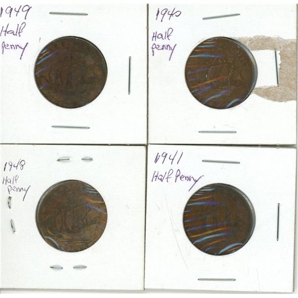 (4) Vintage One Cent Coins Great Britain 1940-41 and 1948-49