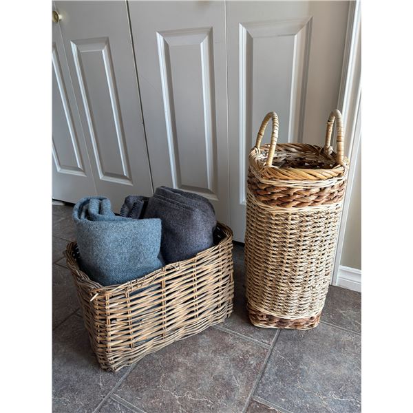 Basket Lot (2) with Wool Blankets (2)
