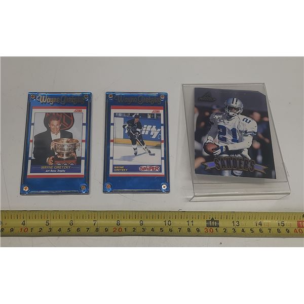 (2) Wayne Gretzky Hockey Cards in Plastic Case and Sanders.