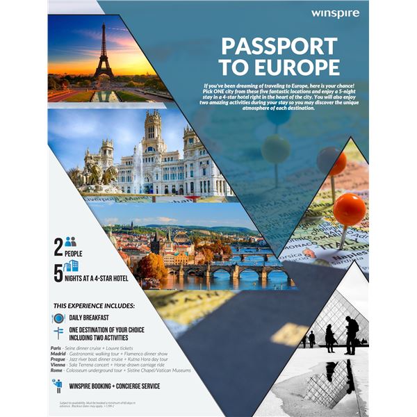 EUROPE EXPERIENCE, 5 NIGHTS FOR 2, CHOICE OF TOP CITIES