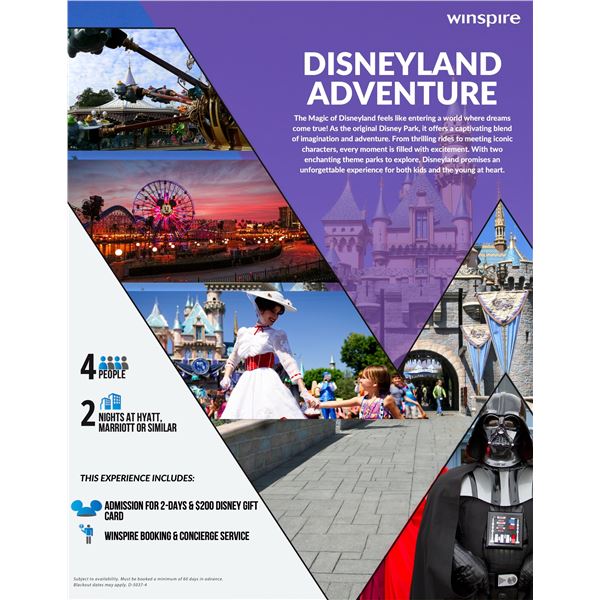 DISNEYLAND ANAHEIM CA ADVENTURE 4 PEOPLE, 2 NIGHTS