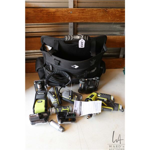 Ryobi TEK4 cordless tool system including self leveling plumb, cross laser, infrared thermometer, st