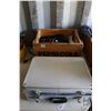Image 1 : Wooden crate w/ work belts and hand tools, plus metal brief case w/ hook and loop sanding discs, san
