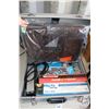 Image 2 : Wooden crate w/ work belts and hand tools, plus metal brief case w/ hook and loop sanding discs, san