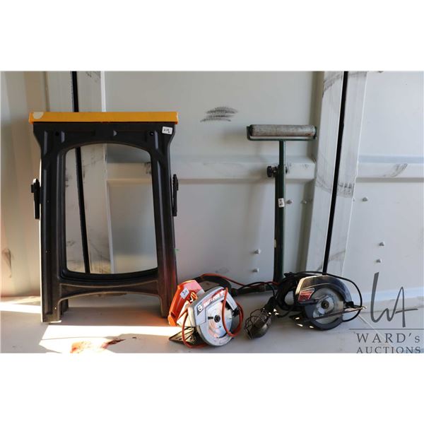Two circular saws, retractable trouble light & a wood support stand and two saw horses