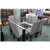 Image 1 : Modern glass topped 54" dining table with eight dining chairs