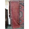 Image 1 : Wool carpet runner with multiple border, red background and geometric design, highlights of blue, gr